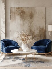 Stylish living room featuring blue velvet chairs, elegant decor, and natural botanical arrangement, perfect for modern home aesthetics.