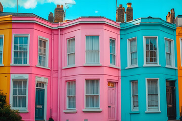 Fototapeta premium Pastel Houses in Notting Hill, London: Colorful Row of Architectural Beauty