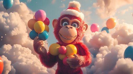 Soft Monkey King plush toy holding colorful wool felt balloons in a street made of fluffy clouds
