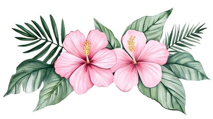 Soft pink hibiscus flower painted in watercolor with tropical leaves