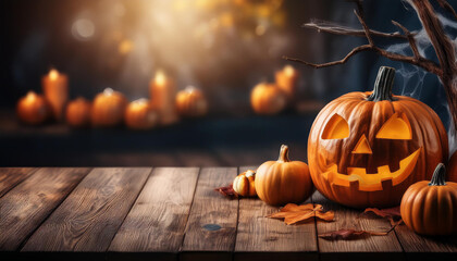 The empty black wooden table top with blur background of halloween season. For product display ,Empty dark wood table top with blurred bright Thanksgiving background. AI generated