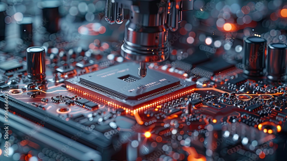 Poster a close-up of a microprocessor being installed onto a motherboard
