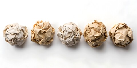 crumpled paper balls symbolizing discarded ideas on white background