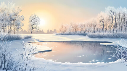 Winter nature landscape with a frozen lake surrounded by frosted trees, reflecting the pale winter sun. Frozen Lake. Illustration