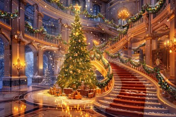Fototapeta premium A spacious contemporary hotel hall featuring a giant sparkling Christmas tree adorned with luxurious garlands, creating a festive and cozy atmosphere