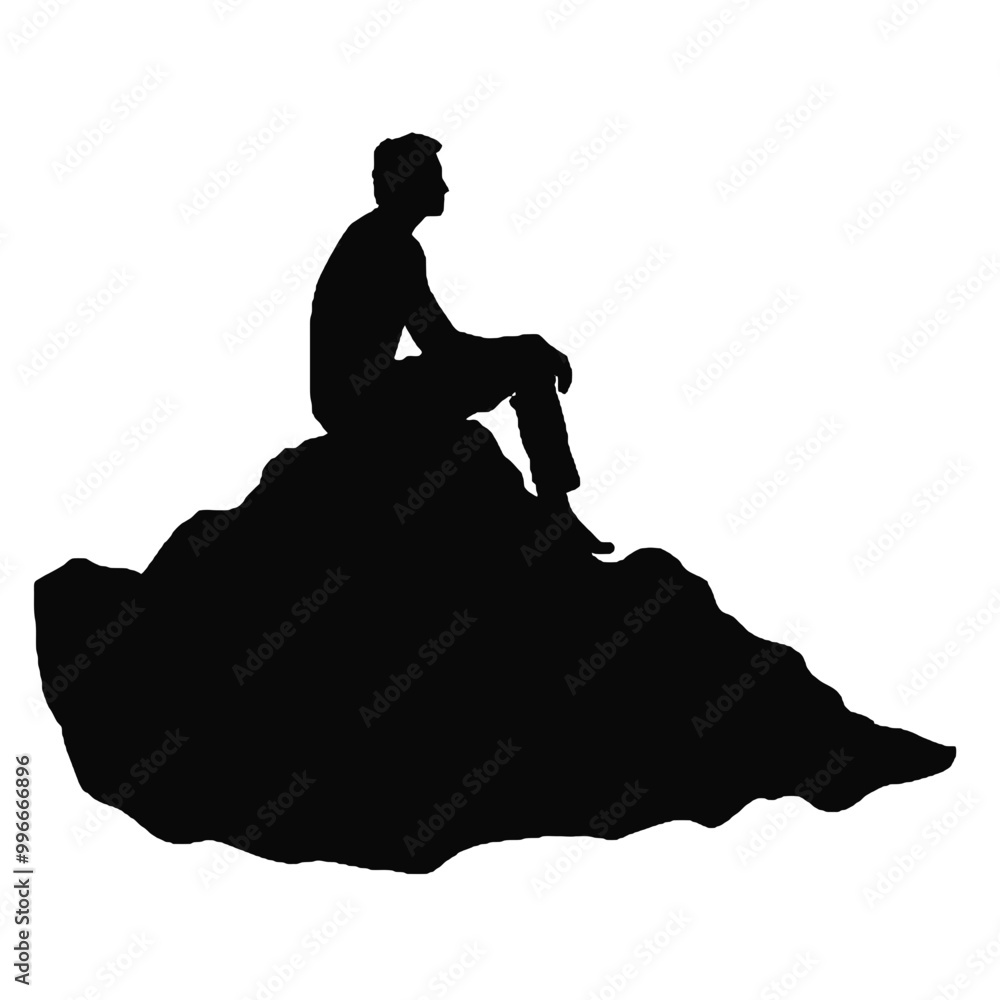 Wall mural man sitting on peak rock silhouette – vector illustration isolated on white background