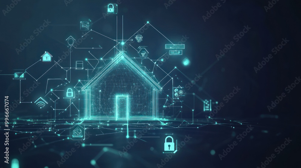 Poster digital representation of a smart home with security icons and network connections.