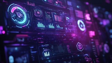 Obraz premium A futuristic digital interface displaying data and analytics in vibrant colors.