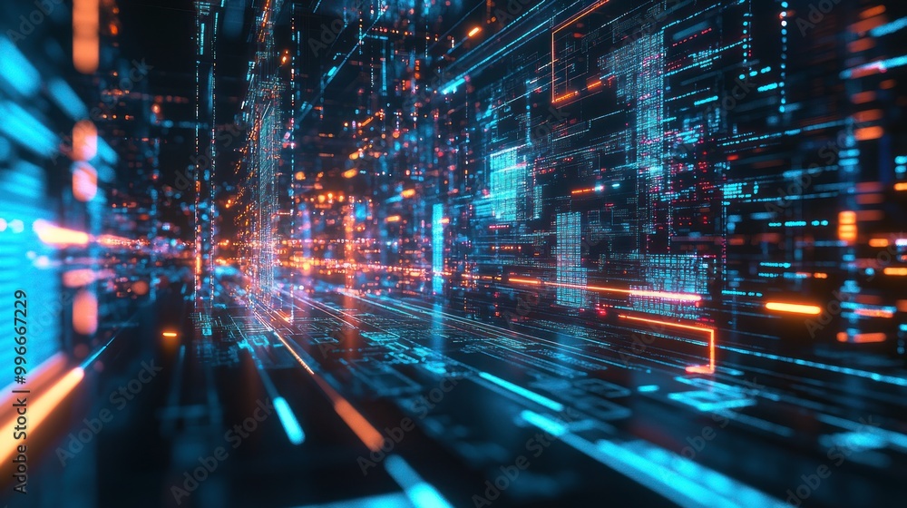 Poster a futuristic digital landscape with vibrant blue and orange data streams and circuit patterns.