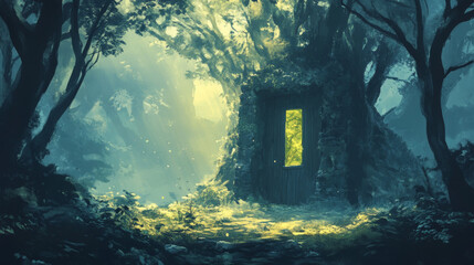 Illustrate a scene where an opportunity unfolds, such as a door opening or a path revealing itself. Show how taking a chance can lead to new possibilities and growth 