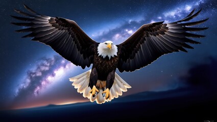 Fototapeta premium This mesmerizing photograph showcases an eagle soaring against a starry night sky, with the Milky Way stretched out majestically above. 