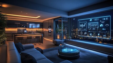 Futuristic living room with a smart home system interface displayed on a large screen.