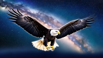 Obraz premium This mesmerizing photograph showcases an eagle soaring against a starry night sky, with the Milky Way stretched out majestically above. 