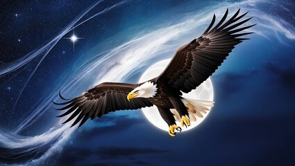 Obraz premium This mesmerizing photograph showcases an eagle soaring against a starry night sky, with the Milky Way stretched out majestically above. 