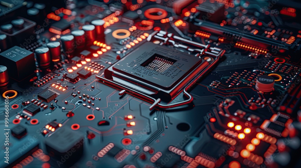 Aufkleber a close-up of a modern motherboard with intricate circuitry and components