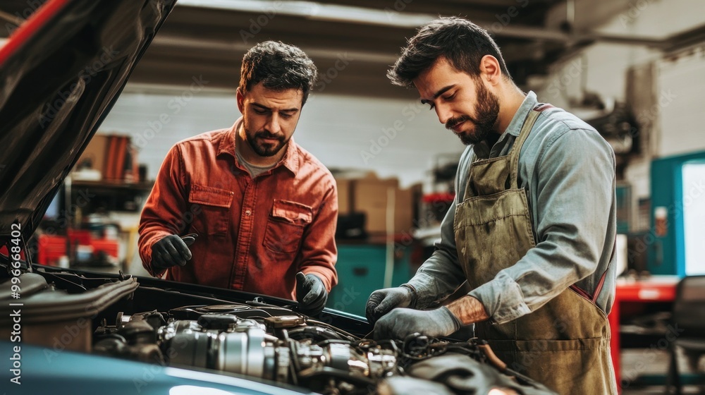 Poster two mechanics working on a car engine in a workshop.