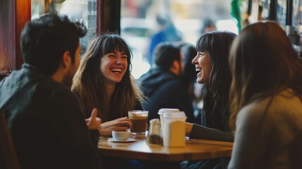 Group of friends enjoying coffee and laughter in a cozy café on a busy city street during the afternoon