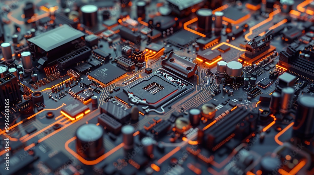 Poster a close-up of a modern motherboard with intricate circuitry and components