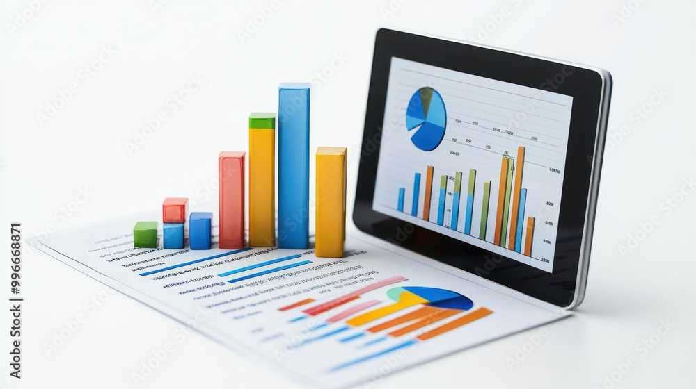 Aufkleber a tablet and printed graphs illustrate data analysis and business metrics.