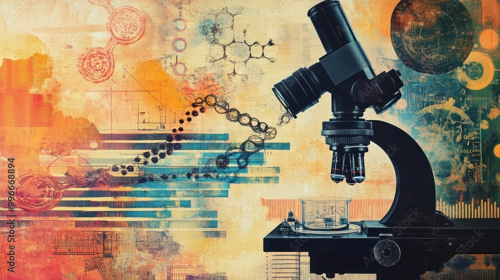 Poster a colorful illustration of a microscope with abstract scientific elements and patterns.