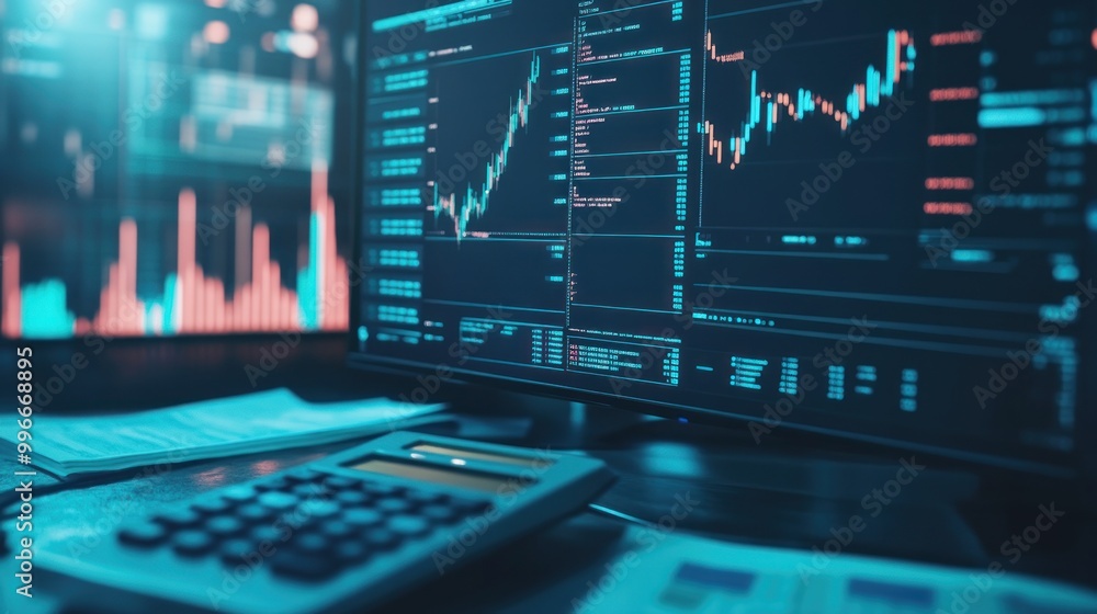 Poster a desktop setup displaying stock market data and a calculator for financial analysis.