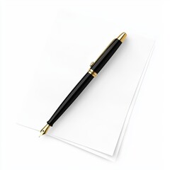 Naklejka premium An elegant fountain pen with a golden nib, resting on a blank sheet of parchment isolated on white background.