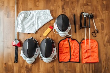 Fencing equipment laid out on a wooden floor, including masks, foil, gloves, and protective gear for sport training.