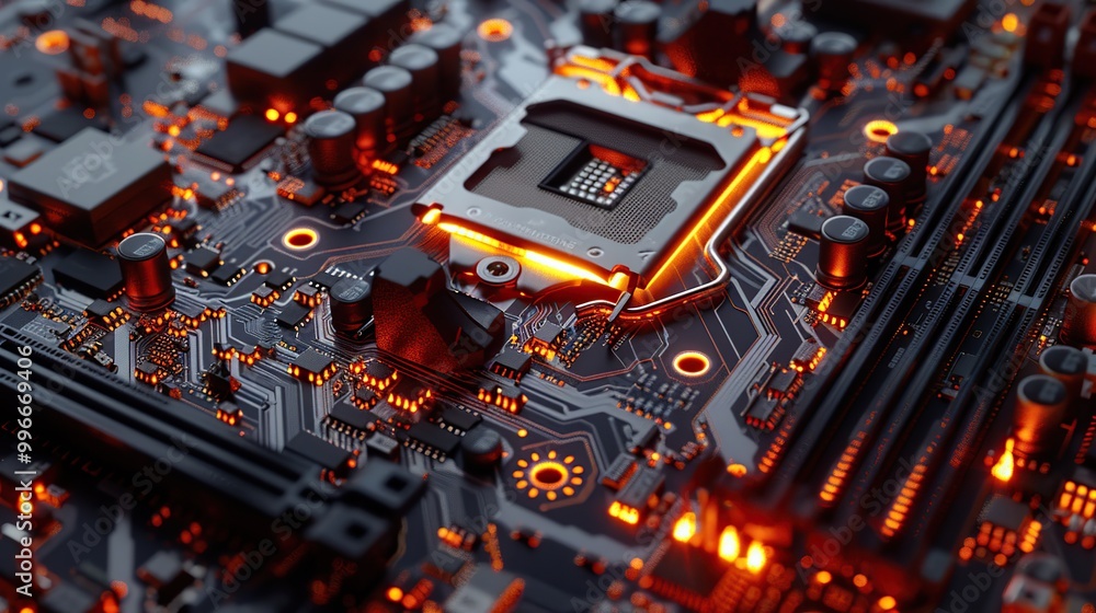 Poster a close-up of a modern motherboard with intricate circuitry and components