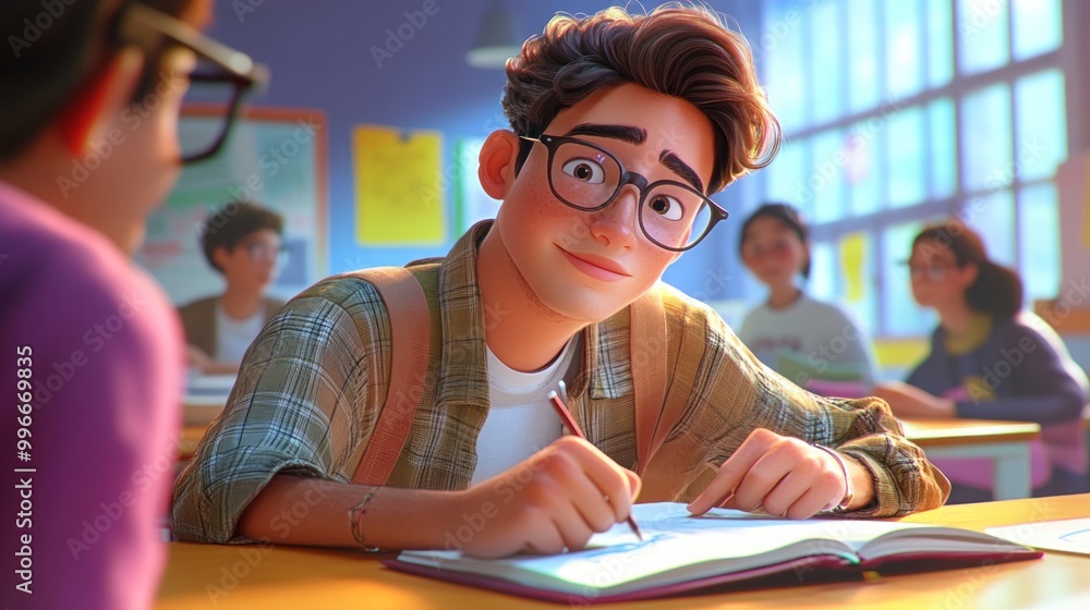 Poster a student attentively writes in a notebook during a classroom session.