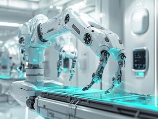 A high tech robotic arm is engaged in precise surgical procedure within modern medical facility. sleek design and advanced technology highlight future of robotic surgery, showcasing innovation and pre