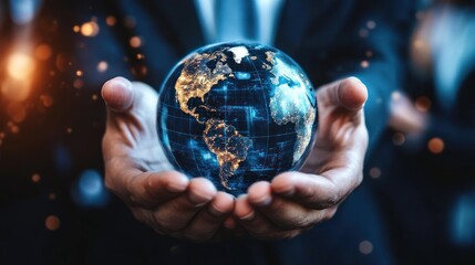 Fototapeta premium Closeup of hands holding a glowing blue and gold earth globe with city lights.