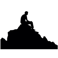 Silhouette of Man Sitting on Mountain Rock – Vector Art Isolated on White