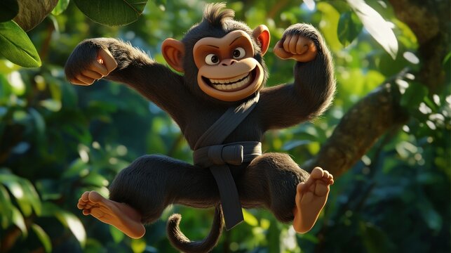 A cheerful cartoon monkey poses playfully in a lush jungle setting.