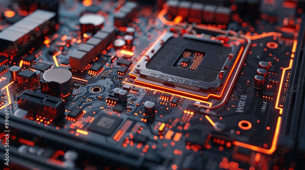 Poster a close-up of a motherboard with various components and connections highlighted