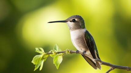 Fototapeta premium A small hummingbird with green and grey feathers perches on a branch.
