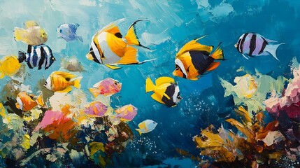 Naklejka premium A captivating underwater scene showcasing a school of vibrant colorful tropical fish gracefully swimming through a serene tranquil ocean landscape