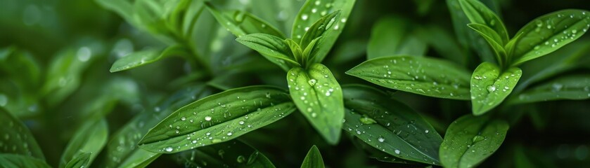 A close up of green leaves with water droplets on them