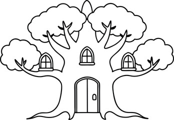 Giant Enchanted Tree with Doors and Windows Vector Illustration for Kids
