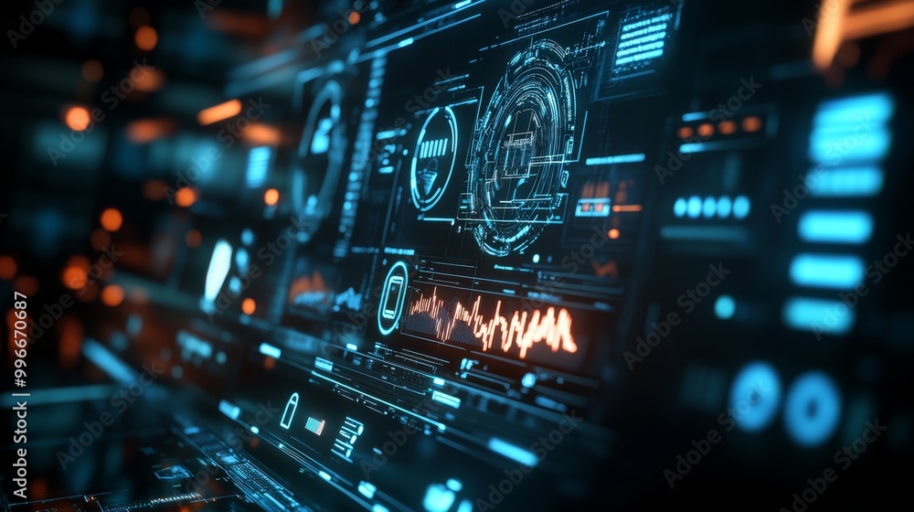 Poster the dynamic cybersecurity interface illustrates multiple encryption data locks, showcasing vital dig