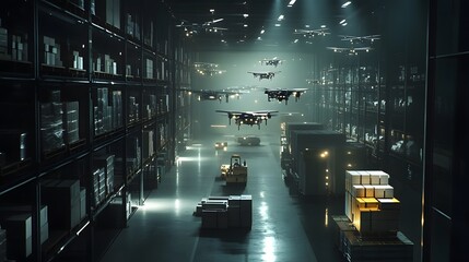 Fototapeta premium A dark, futuristic warehouse where drones scan and inspect products with beams of light for real-time tracking.