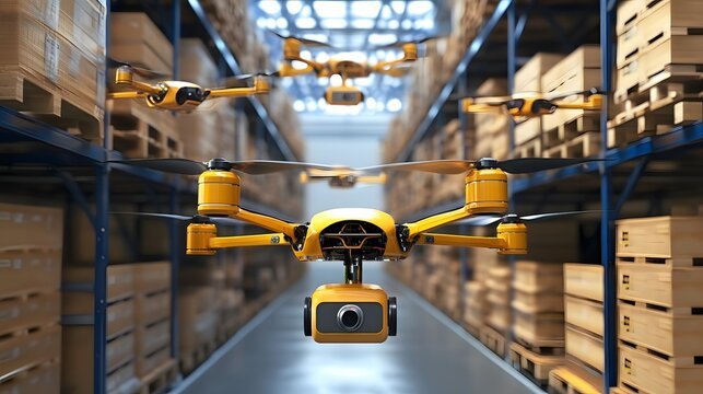 A smart warehouse with robotic arms and drones working together, performing real-time inventory updates.