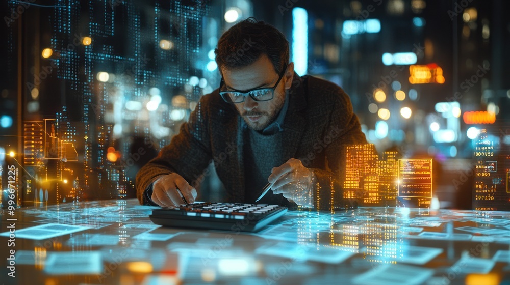 Poster a man interacts with a futuristic interface in a cityscape, analyzing data at night.
