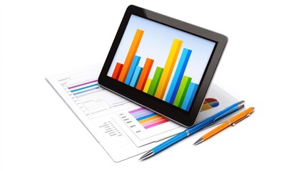 A tablet displaying colorful bar graphs on a desk with documents and pens.