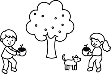 Vector Illustration of Children Collecting Fruit for Kids Coloring Fun
