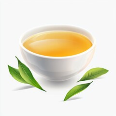 A perfectly brewed cup of green tea in a delicate ceramic bowl, surrounded by tea leaves isolated on white background.