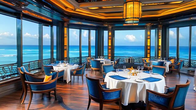 Elegant beachfront restaurant interior, luxury dining space with ocean views, blue seating, fine dining ambiance by the sea.
