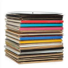 A stack of vintage vinyl records, with colorful album covers and worn edges isolated on white background.