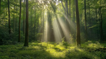 Fototapeta premium Sunlight filters through tall trees in a lush green forest creating a serene atmosphere during the early morning hours