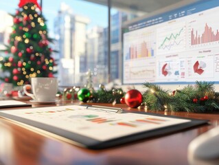 Business meeting to finalize Christmas promotion strategy, holiday charts on screen, 3D illustration