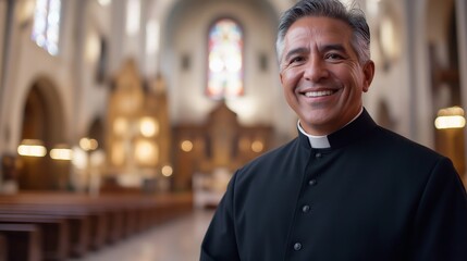 Hispanic Catholic Priest Smiling Warmly Inside a Church, Suitable for Religious Themes, Faith, and Community Concepts